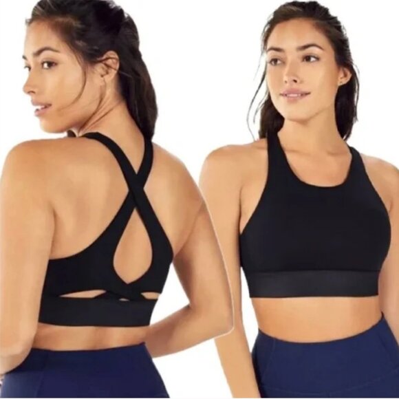 Fabletics Ella High Impact Sports Bra Black Shimmer Faux Leather (M) NWOT! - Picture 1 of 9